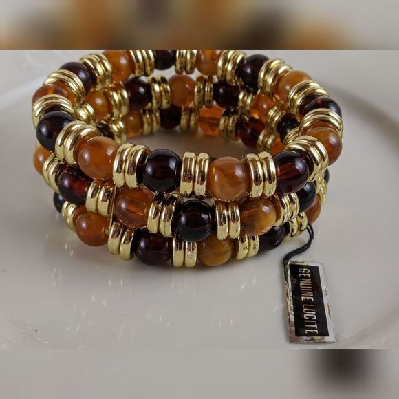 Vintage Lucite 3 Strand Orange Gold Stretch Bracelet NWT - Picture 7 of 7